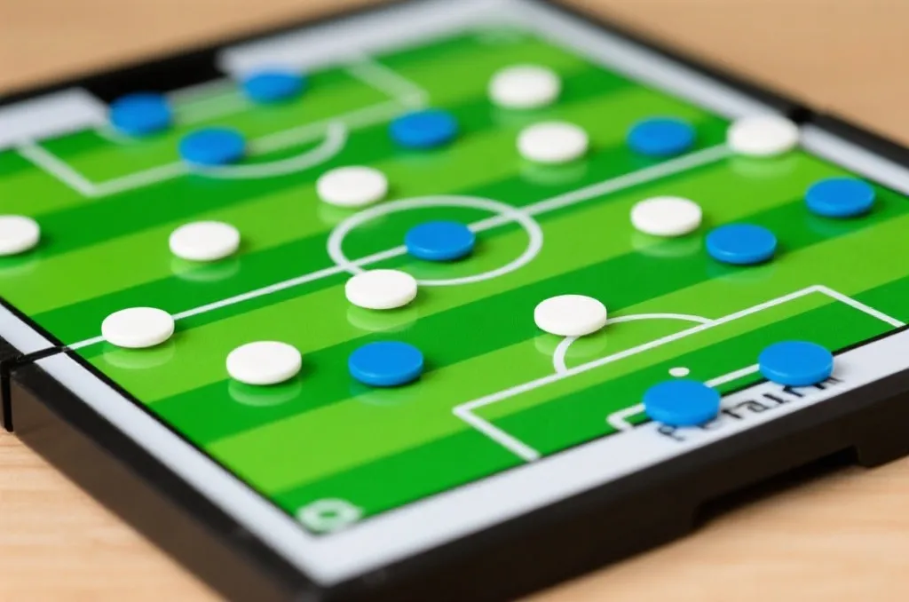 A generic tactical soccer board showing strategic movements with white and blue markers